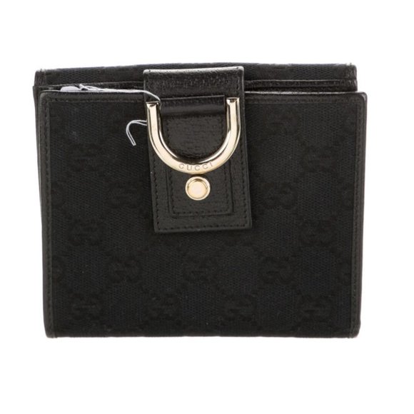 Gucci GG Black Canvas Compact Wallet Leather Lined Gucci D-Ring Gold Hardware - Picture 1 of 3